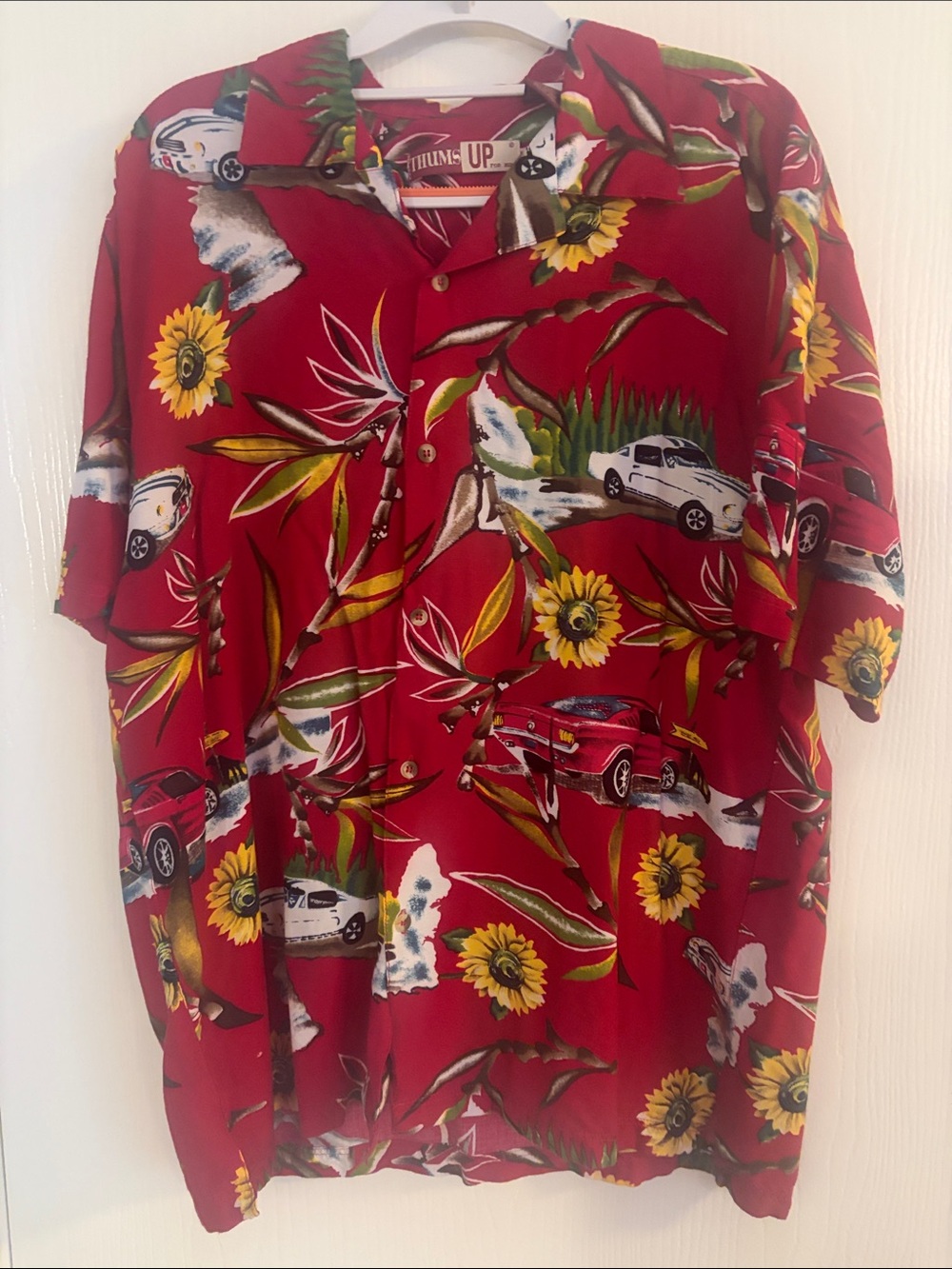 Thums Up for Him  red muscle car and sunflower button shirt. Sz L